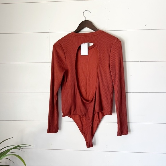 AllSaints Molly Long Sleeve Cut Out Back Bodysuit, Wild Berry Red - Picture 3 of 6